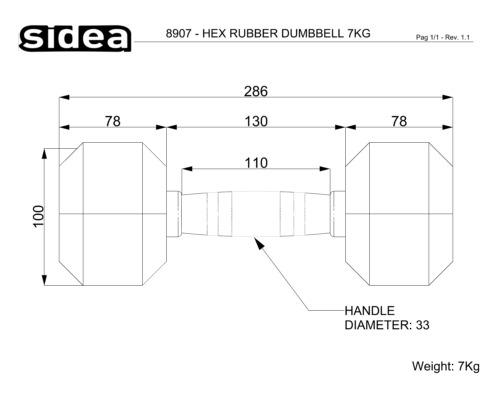 8907 - Hex Rubber Dumbbell 7Kg